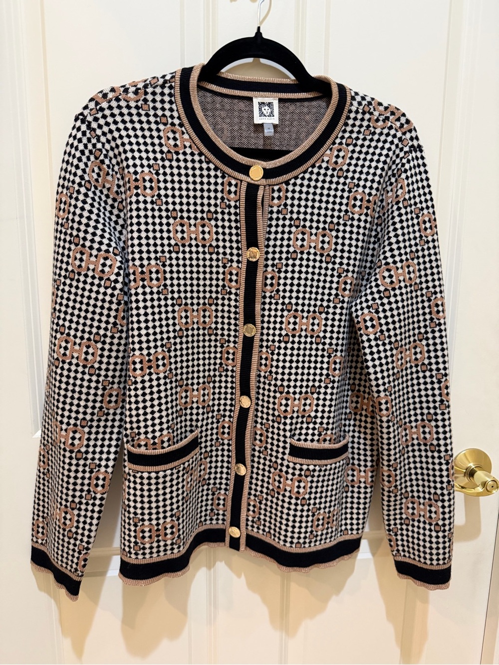 Anne Klein Black Cream Patterned Cardigan with Gold Buttons